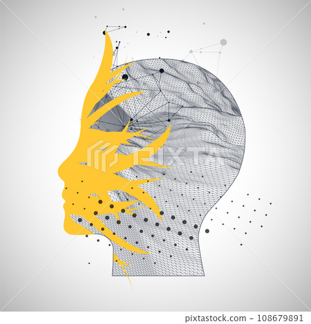 The silhouette of the human head is made with the help of waves and plexus effect. The silhouette of the human head is made with the help of waves and plexus effect. 108679891