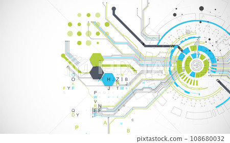 Abstract background with plexus effect. Scientific and technological concept with the use of technical elements formed in the shape of a circle. 108680032