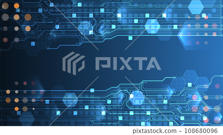 Abstract circuit board and hexagons on gradient color background. Hi-tech digital technology concept. Abstract circuit board and hexagons on gradient color background. Hi-tech digital technology concept. 108680096