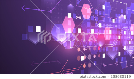 Abstract circuit board and hexagons on gradient color background. Hi-tech digital technology concept. Abstract circuit board and hexagons on gradient color background. Hi-tech digital technology concept. 108680119