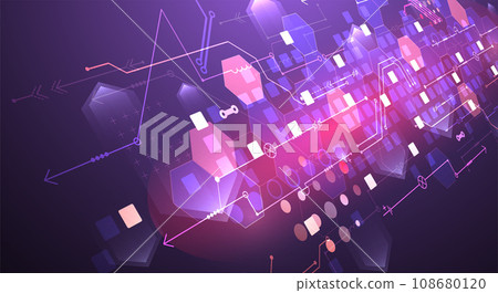 Abstract circuit board and hexagons on gradient color background. Hi-tech digital technology concept. Abstract circuit board and hexagons on gradient color background. Hi-tech digital technology concept. 108680120