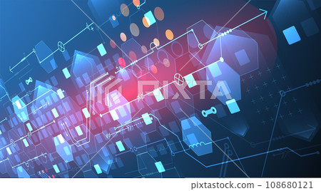 Abstract circuit board and hexagons on gradient color background. Hi-tech digital technology concept. Abstract circuit board and hexagons on gradient color background. Hi-tech digital technology concept. 108680121