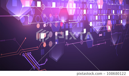 Abstract circuit board and hexagons on gradient color background. Hi-tech digital technology concept. Abstract circuit board and hexagons on gradient color background. Hi-tech digital technology concept. 108680122