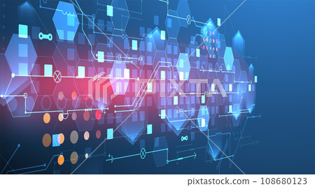 Abstract circuit board and hexagons on gradient color background. Hi-tech digital technology concept. 108680123