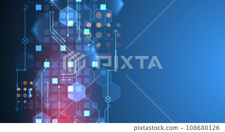 Abstract circuit board and hexagons on gradient color background. Hi-tech digital technology concept. Abstract circuit board and hexagons on gradient color background. Hi-tech digital technology concept. 108680126