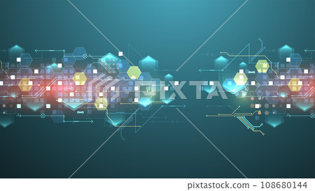 Abstract circuit board and hexagons on gradient color background. Hi-tech digital technology concept. 108680144