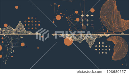 Trendy abstract wireframe mountain background. Modern science or technology art elements. Surface illustration. Trendy abstract wireframe mountain background. Modern science or technology art elements. Surface illustration. 108680357