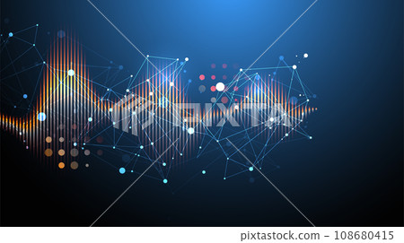 Sound wave with plexus effect. Dynamic vibration wallpaper. Frequency pulse modulation vector illustration. Sound wave with plexus effect. Dynamic vibration wallpaper. Frequency pulse modulation vector illustration. 108680415