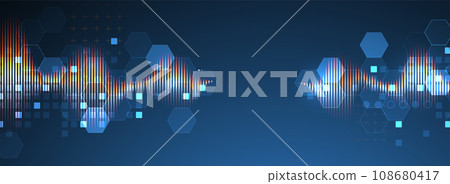 Sound wave with glowing hexagones. Dynamic vibration wallpaper. Frequency pulse modulation vector illustration. 108680417