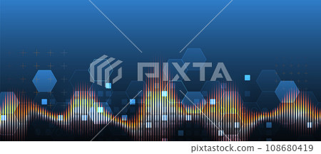 Sound wave with glowing hexagones. Dynamic vibration wallpaper. Frequency pulse modulation vector illustration. 108680419