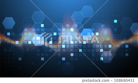 Sound wave with glowing hexagones. Dynamic vibration wallpaper. Frequency pulse modulation vector illustration. Sound wave with glowing hexagones. Dynamic vibration wallpaper. Frequency pulse modulation vector illustration. 108680431