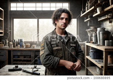 Portrait of caucasian mechanic checking the safety of a car. Maintenance of damaged parts in the garage. Maintenance repairs. Repair service concept. Portrait of a car mechanic working in a workshop. Portrait of caucasian mechanic checking the safety of a car. Maintenance of damaged parts in the garage. Maintenance repairs. Repair service concept. Portrait of a car mechanic working in a workshop. 108680895