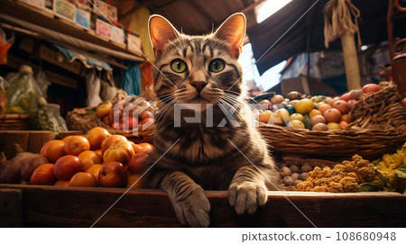 A gray tabby cat sits on a counter with vegetables at the market. 108680948