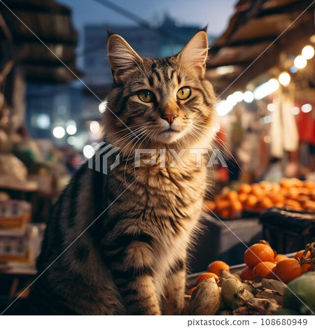 At the market, a counter adorned with vegetables serves as a perch for a gray tabby cat. 108680949