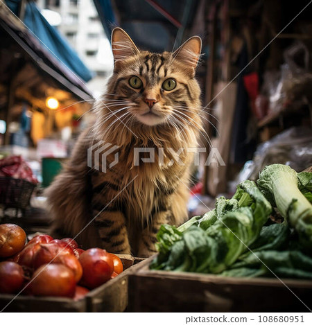 A market scene features a tabby cat with gray fur seated on a counter among vegetables. A market scene features a tabby cat with gray fur seated on a counter among vegetables. 108680951