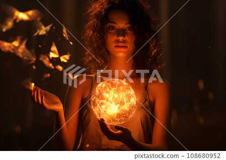 A woman with long dark curly hair holds a glowing glass shack that breaks into fragments. The concept of predictions and broken dreams. Generative AI A woman with long dark curly hair holds a glowing glass shack that breaks into fragments. The concept of predictions and broken dreams. Generative AI 108680952