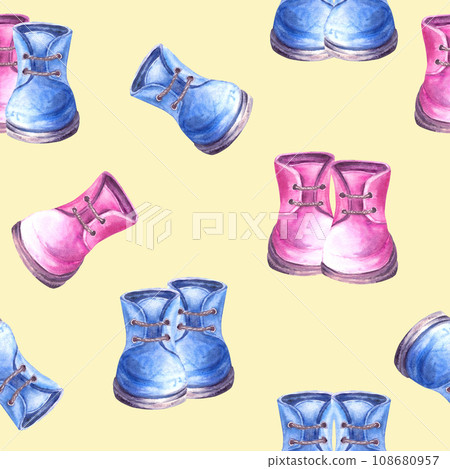 Baby blue and pink booties, shoes seamless pattern Boy or girl Watercolor hand draw illustration isolated on light background Repeating design for birthday, newborn gender reveal party wallpaper print Baby blue and pink booties, shoes seamless pattern Boy or girl Watercolor hand draw illustration isolated on light background Repeating design for birthday, newborn gender reveal party wallpaper print 108680957