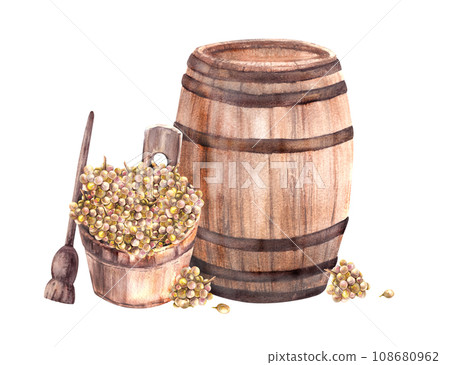 Wine barrel and winemaking harvest, wooden basket, crusher, bunches of grapes, grapevine Watercolor hand draw Illustration isolated on white background for your label winemaking print, menu, wine list Wine barrel and winemaking harvest, wooden basket, crusher, bunches of grapes, grapevine Watercolor hand draw Illustration isolated on white background for your label winemaking print, menu, wine list 108680962