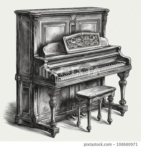 Piano, musical instrument, classical music, vintage retro black and white drawing, engraving style Piano, musical instrument, classical music, vintage retro black and white drawing, engraving style 108680971