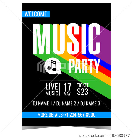 Music party invitation for disco dance show, carnival or festival. Vector colourful banner, poster, leaflet or flyer with abstract geometric lettering for night club electronic or techno music event. Music party invitation for disco dance show, carnival or festival. Vector colourful banner, poster, leaflet or flyer with abstract geometric lettering for night club electronic or techno music event. 108680977