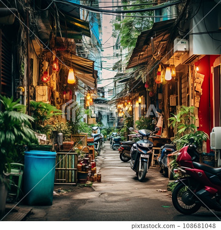 Bustling Alleyway in Ho Chi Minh City with Colorful Street Art and Vibrant Market Stalls Bustling Alleyway in Ho Chi Minh City with Colorful Street Art and Vibrant Market Stalls 108681048