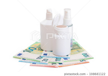 Different Bottles with Pills, Capsules and Medicines on the Euro Banknotes Different Bottles with Pills, Capsules and Medicines on the Euro Banknotes 108681122