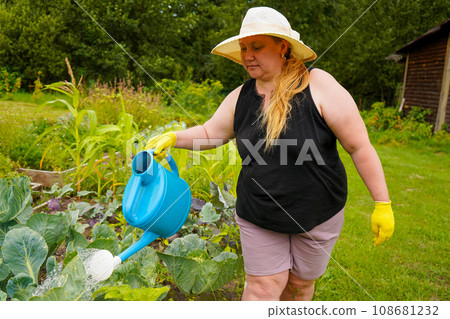 Woman watering plants in vegetable garden on sunny day 108681232
