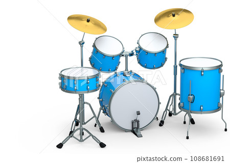 Set of realistic drums with metal cymbals or drumset on white background Set of realistic drums with metal cymbals or drumset on white background 108681691