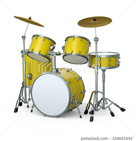Set of realistic drums with metal cymbals or drumset on white background Set of realistic drums with metal cymbals or drumset on white background 108681692