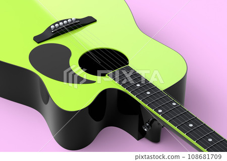 Close-up of acoustic guitar isolated on pink background. Close-up of acoustic guitar isolated on pink background. 108681709