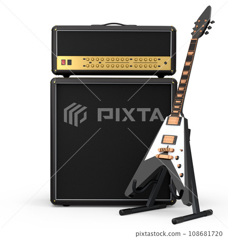 Classical amplifier with acoustic guitar on stand isolated on white background. Classical amplifier with acoustic guitar on stand isolated on white background. 108681720