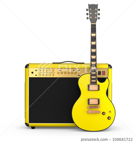 Classical amplifier with acoustic guitar isolated on white background. 108681722