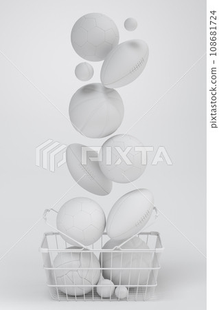 Set of ball like basketball, football and golf in shopping basket on monochrome 108681724