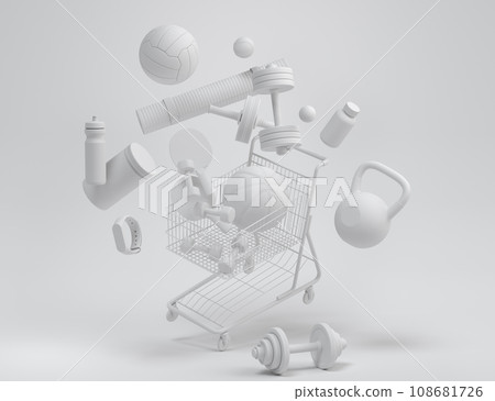 Sport equipment for fitness, gym in shopping cart on monochrome background 108681726