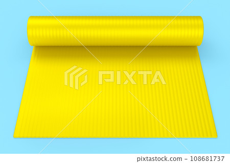 Yellow yoga mat or lightweight foam camping bed roll pad isolated on blue . Yellow yoga mat or lightweight foam camping bed roll pad isolated on blue . 108681737