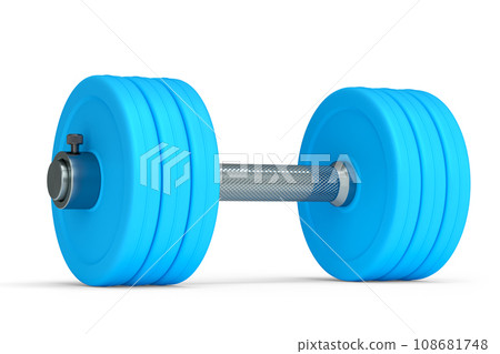 Metal dumbbell with blue disks isolated on white background 108681748