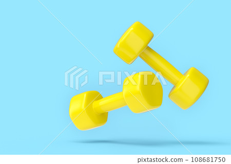 Pair of rubber yellow dumbbells isolated on blue background 108681750