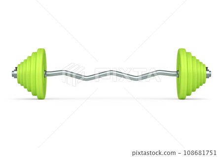 Abstract metal barbell with green disks shaped handle isolated on white 108681751