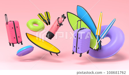 Colorful suitcase or baggage with beach accessories on pink background. Colorful suitcase or baggage with beach accessories on pink background. 108681762