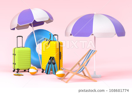 Colorful suitcase or baggage with beach accessories on pink background. Colorful suitcase or baggage with beach accessories on pink background. 108681774