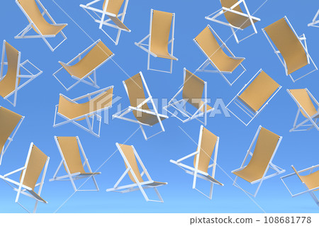 Many of flying striped beach chairs for summer getaways isolated on blue Many of flying striped beach chairs for summer getaways isolated on blue 108681778