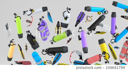 Many of flying scuba stuff like oxygen tank, flip flops and scuba mask on white 108681794