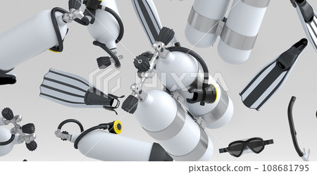 Many of flying scuba stuff like oxygen tank, flip flops and scuba mask on white 108681795