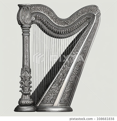 Harp, musical instrument, classical music, vintage retro black and white drawing, engraving style Harp, musical instrument, classical music, vintage retro black and white drawing, engraving style 108681838