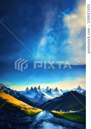 阿爾卑斯山峰的遠景插圖 108681920