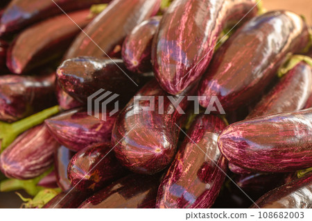 beautiful fresh eggplants in a pile at a local market in the Mediterranean 108682003