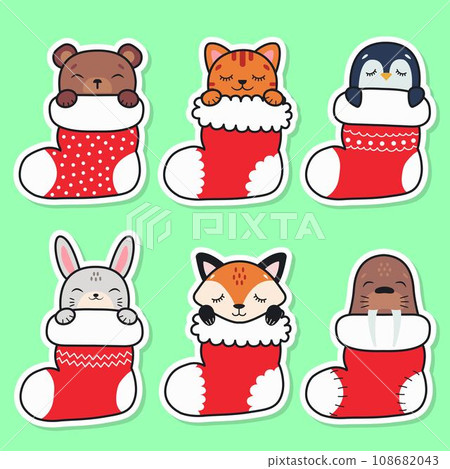 Set of Christmas stockings. Animals sleep in Christmas stockings. Christmas gift. Vector illustration Set of Christmas stockings. Animals sleep in Christmas stockings. Christmas gift. Vector illustration 108682043