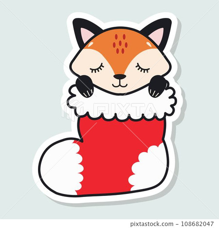 Cute little fox sleeps in a Christmas stocking. Happy Holidays. Winter animal. Christmas sticker. Vector illustration. 108682047