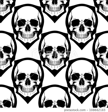 seamless symmetrical pattern of black human skulls on a white background, texture, design 108682183
