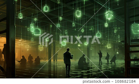 Futuristic image of people in green lighting under lamps. Concept of LiFi - Digital Light Network. 108682184